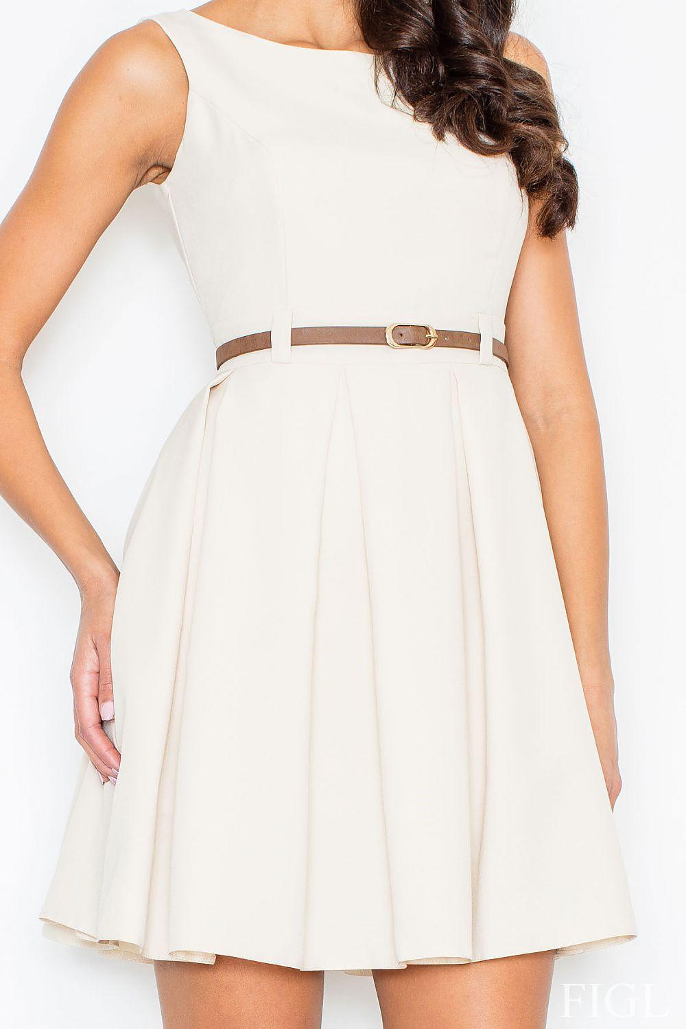 Beige sleeveless daydress with wide belt and pleated flared skirt