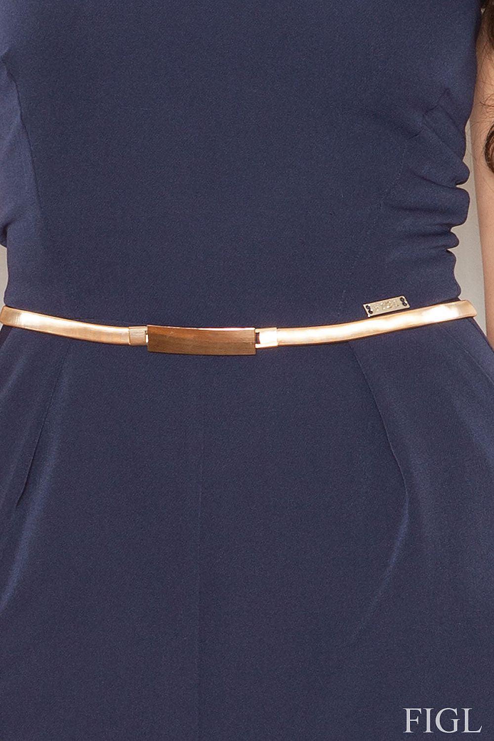 Navy blue jumpsuit belt detail with metal buckle and trim
