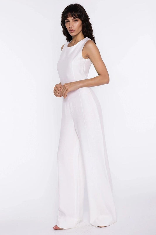 Nife white sleeveless jumpsuit with draped wide-leg pants, crew neck