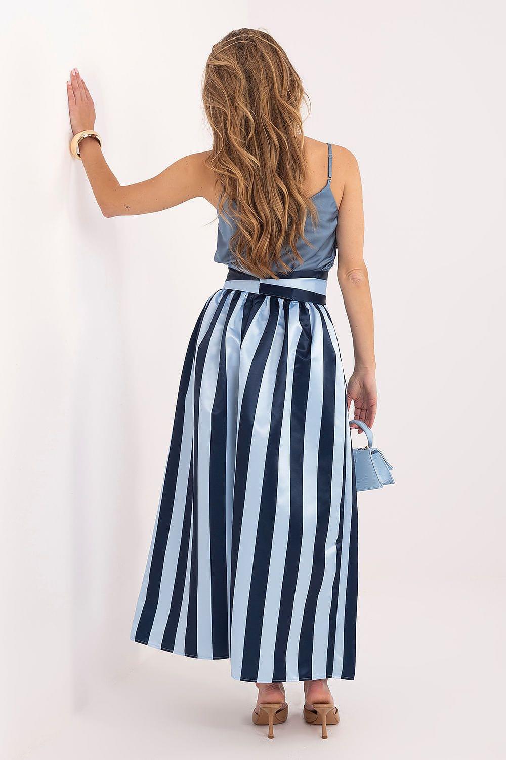 Back view blue and navy striped midi skirt with tie belt