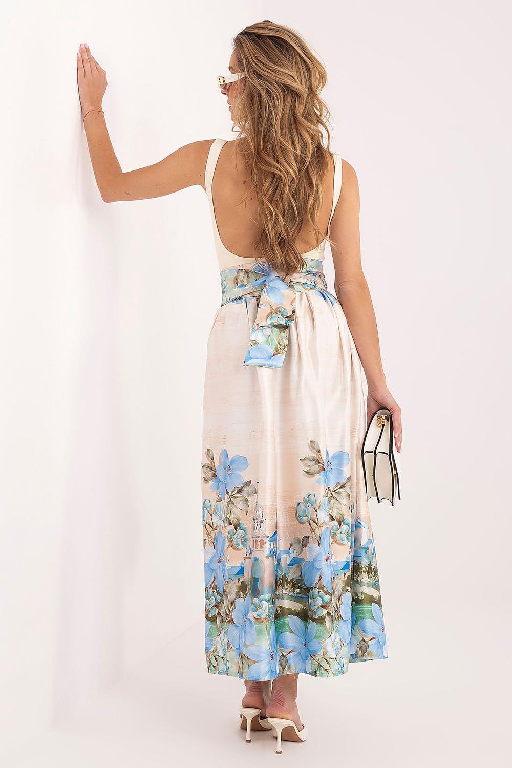 Back view floral midi skirt, cream with blue floral print and waist tie
