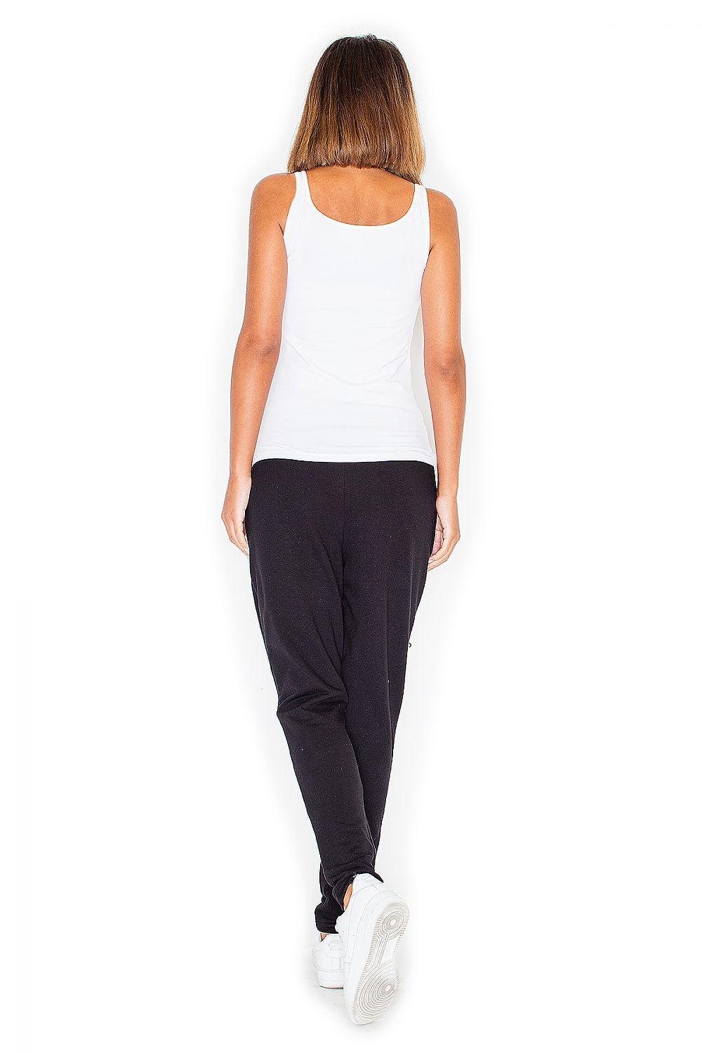 Women’s black trousers, back view, tapered fit with ankle elastic cuffs