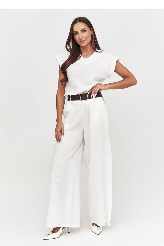 White short-sleeve top and wide-leg pants set with black belt
