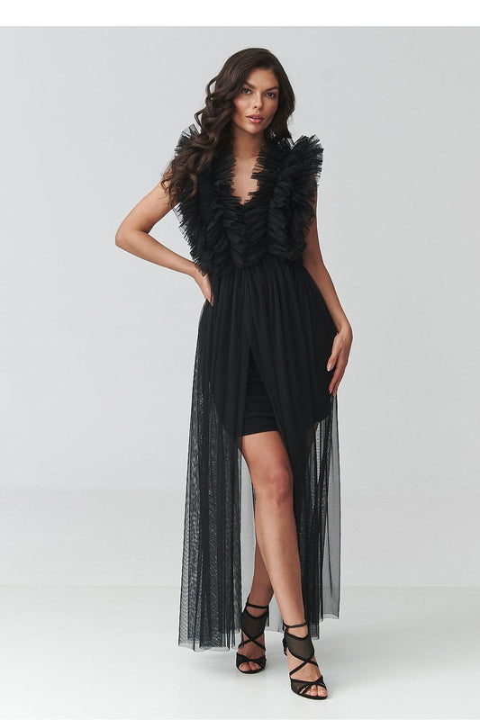 Makadamia black evening dress with feathered collar and draped sheer tulle overlay
