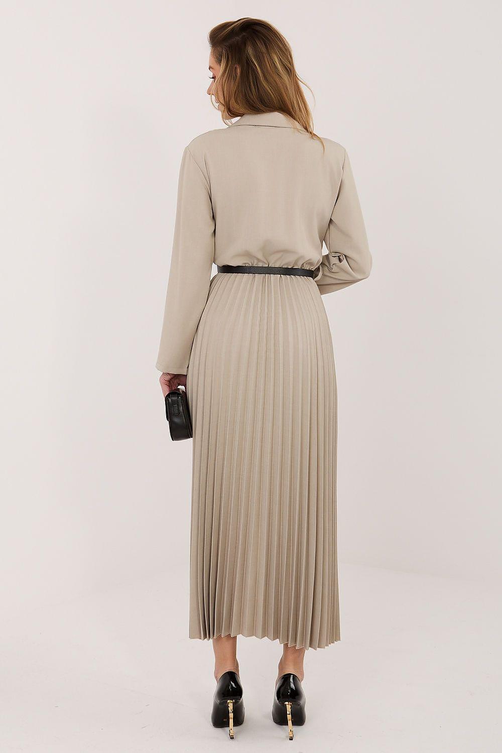 Beige pleated daydress, back view, long sleeves and waist belt