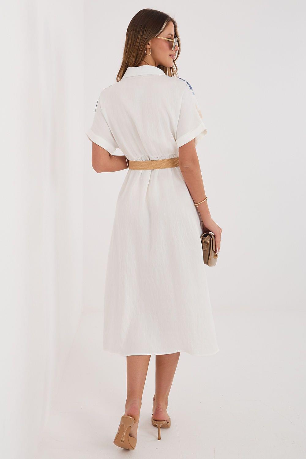 White daydress with short sleeves and tan waist belt, back view