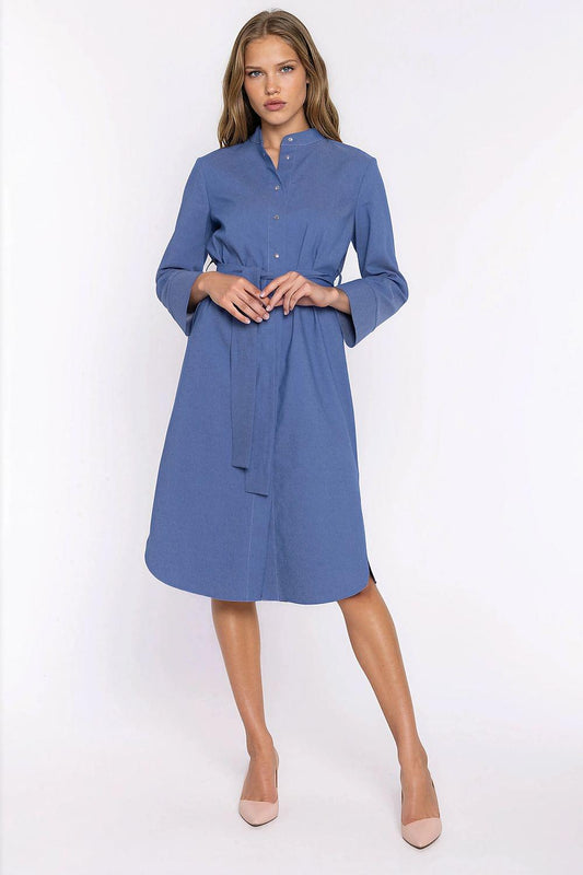 Blue collared daydress with button front, long sleeves, waist tie belt