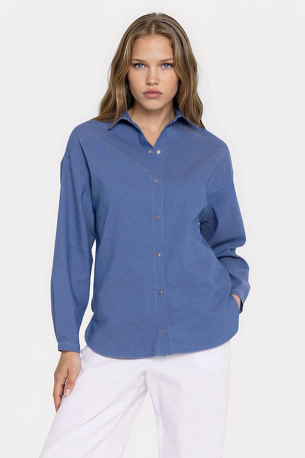 Blue long-sleeve button-up shirt with pointed collar and center front buttons
