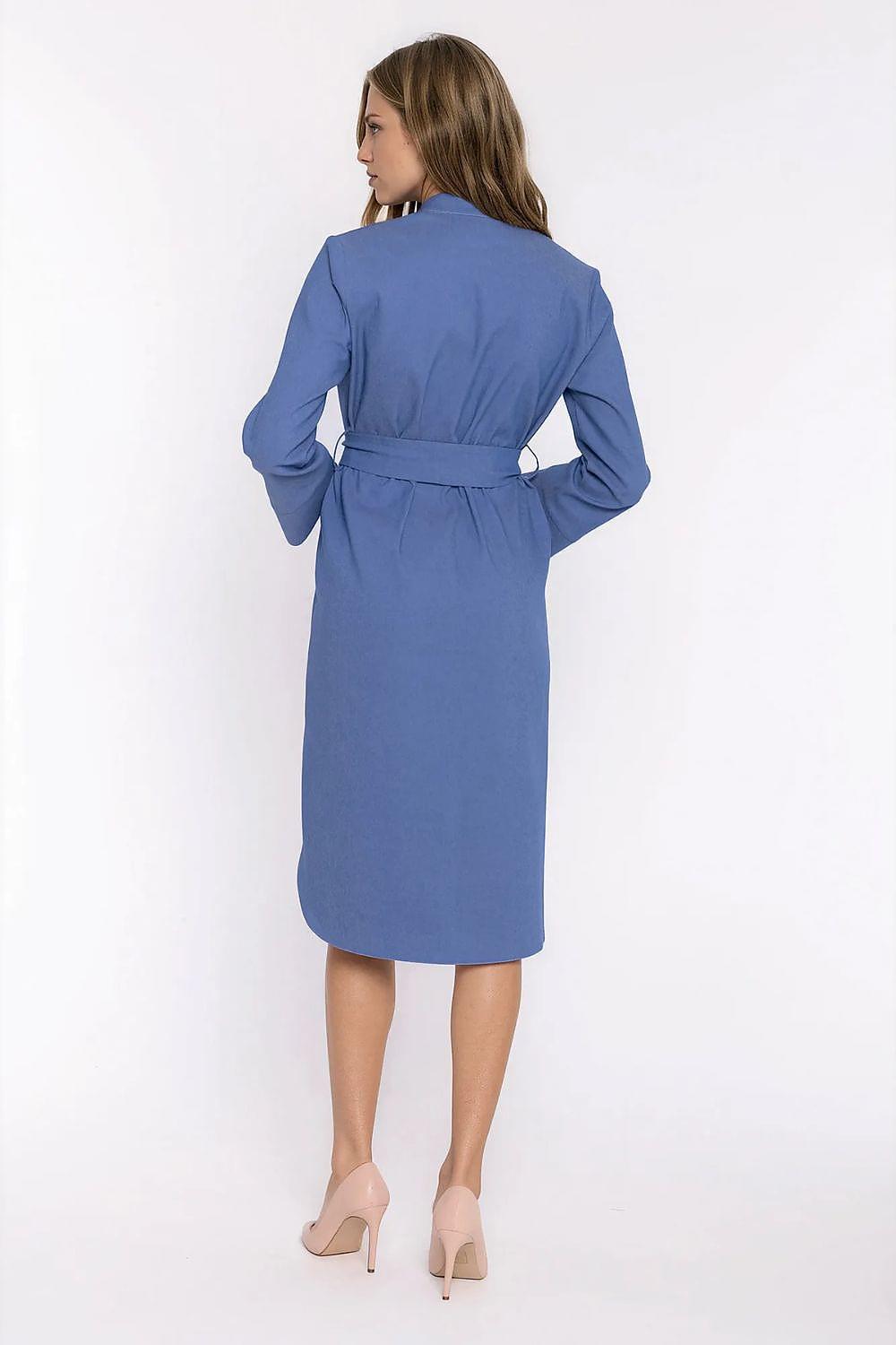 Blue button-front midi daydress with stand collar and waist tie, back view