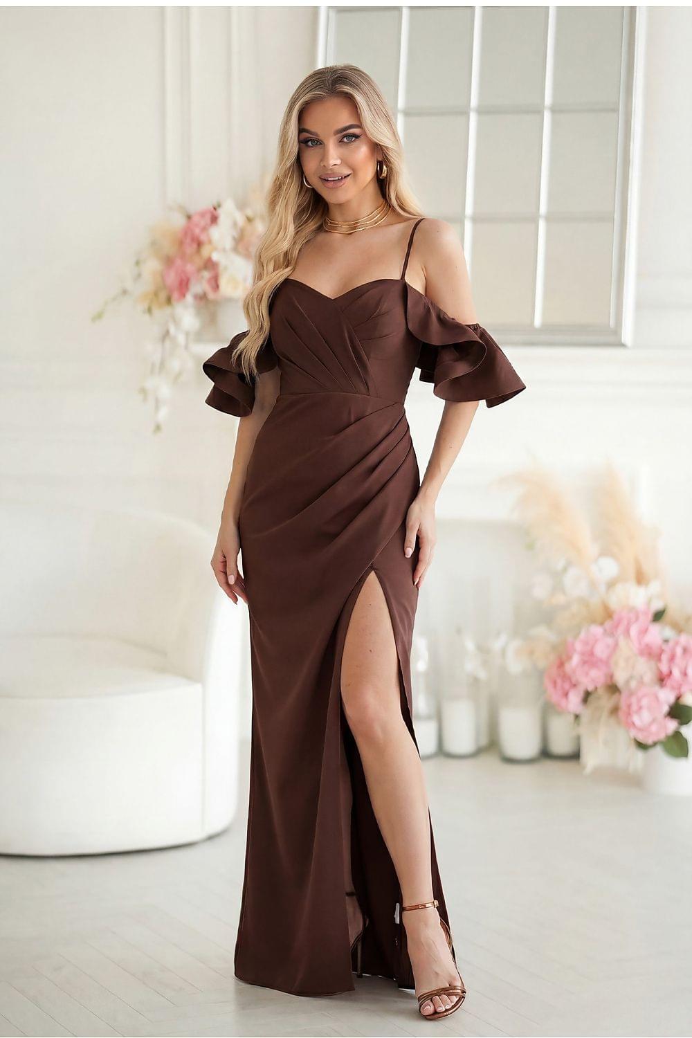 Brown long evening dress with ruffled off-shoulder sleeves and side slit.
