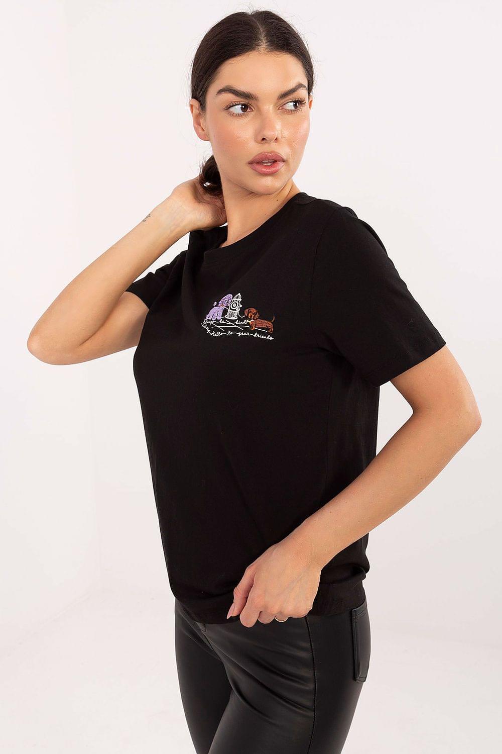 Black crew-neck T-shirt with short sleeves and small chest graphic