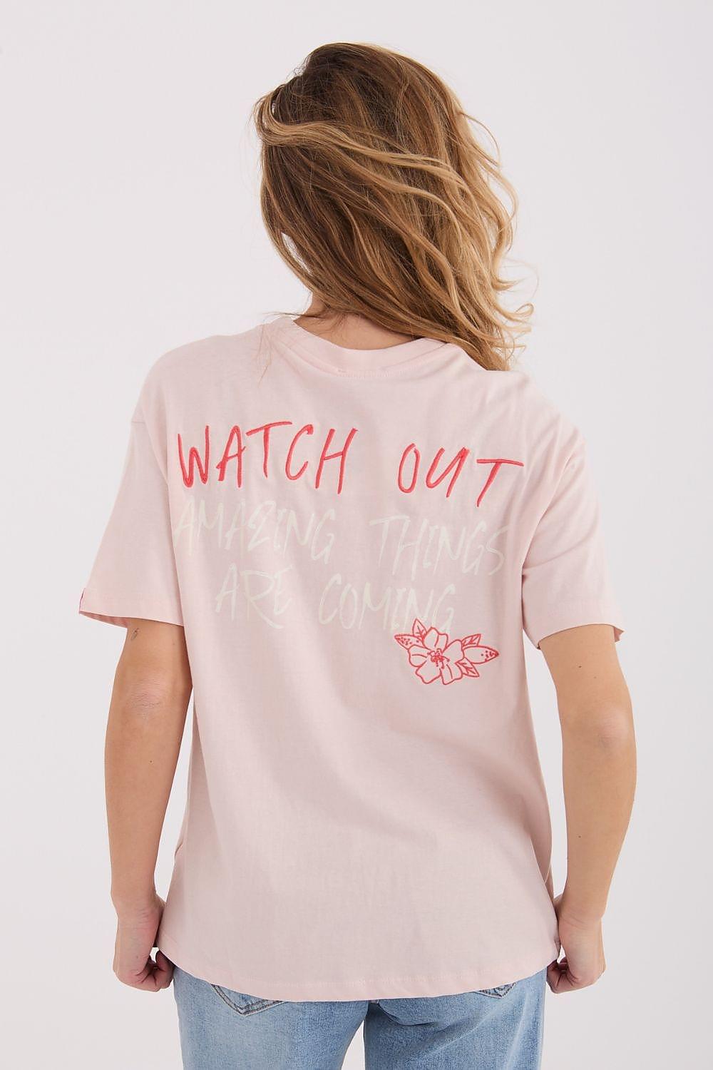Pink T-shirt with back graphic text "WATCH OUT" and flower print