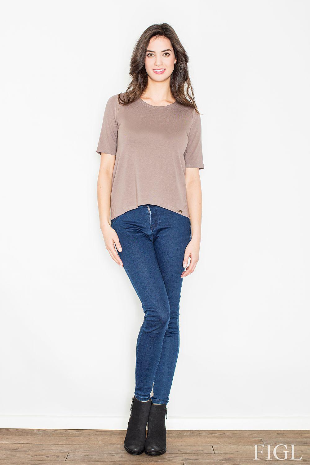 Taupe short-sleeve blouse with scoop neckline, straight hem