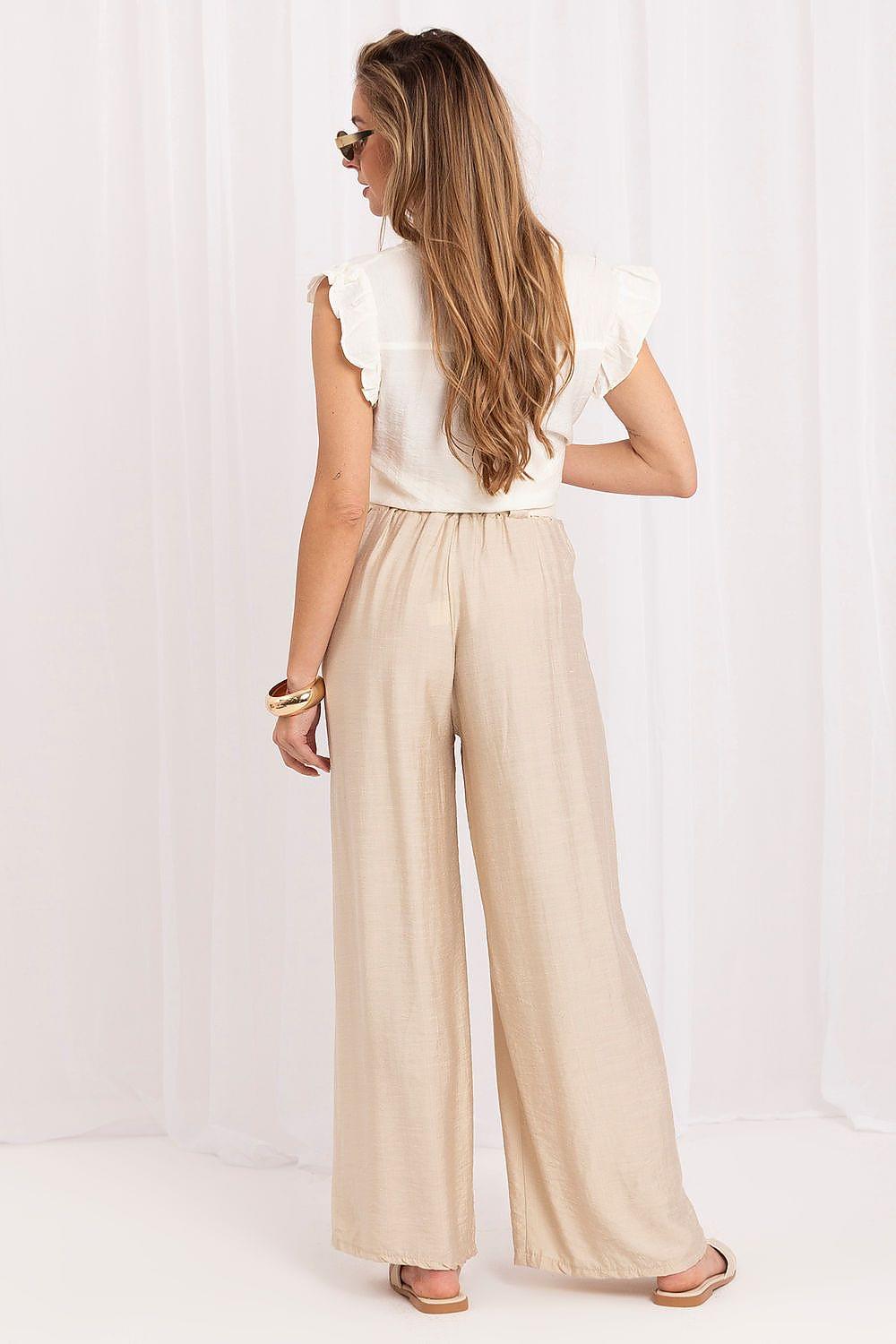 Women’s wide-leg trousers in beige with belted waist, side view