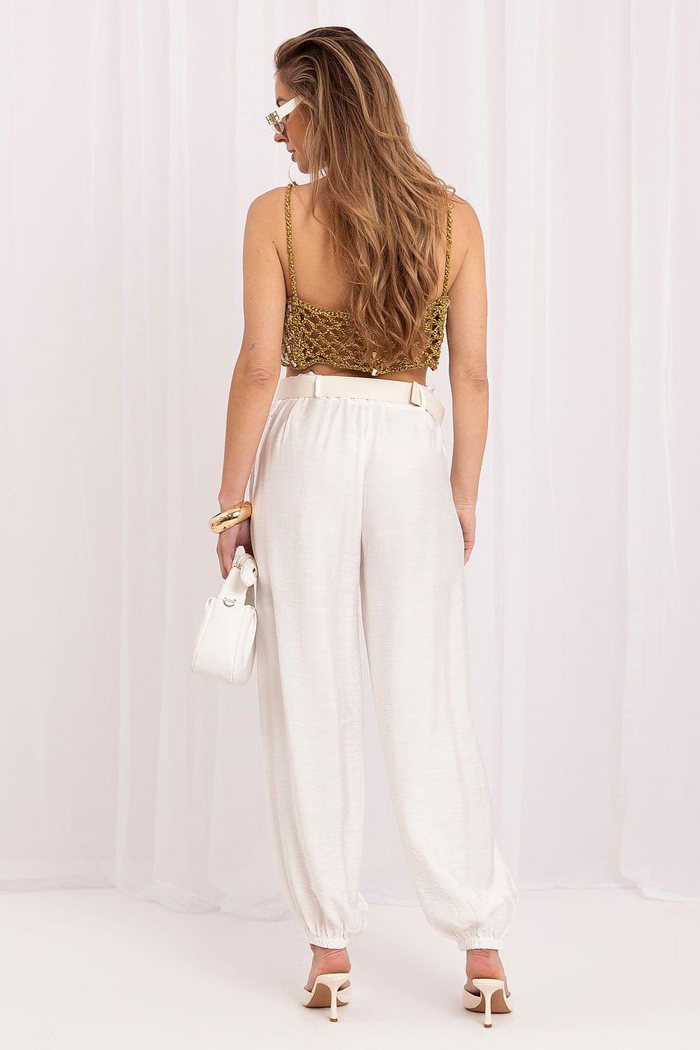 Off-white women’s trousers with elastic cuffs and high waist, back view