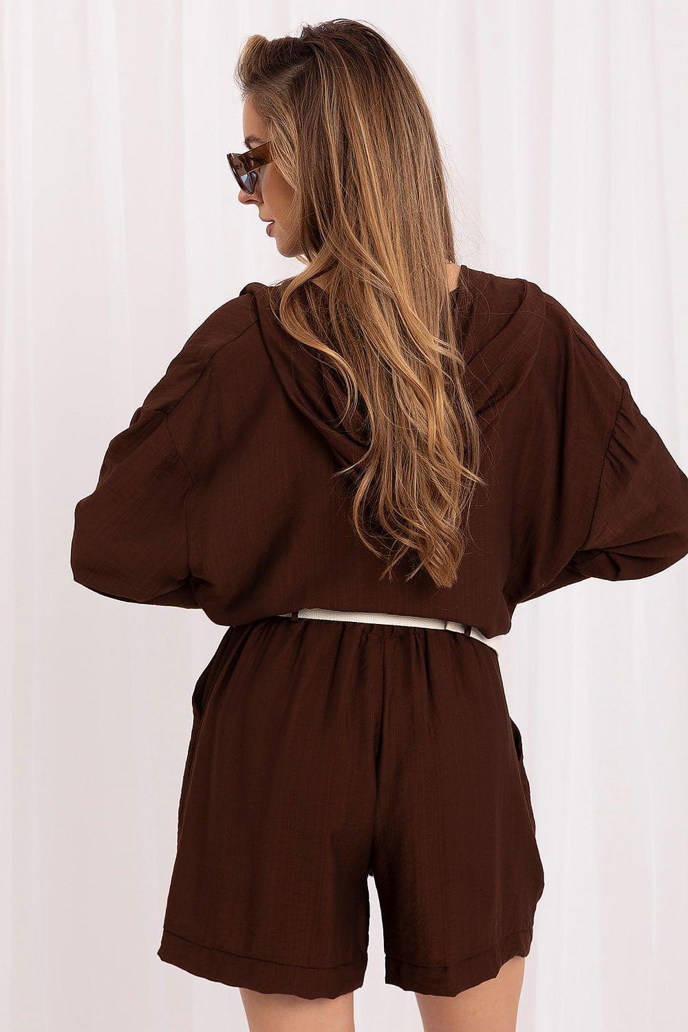 Brown back view high-waist shorts with wide belt