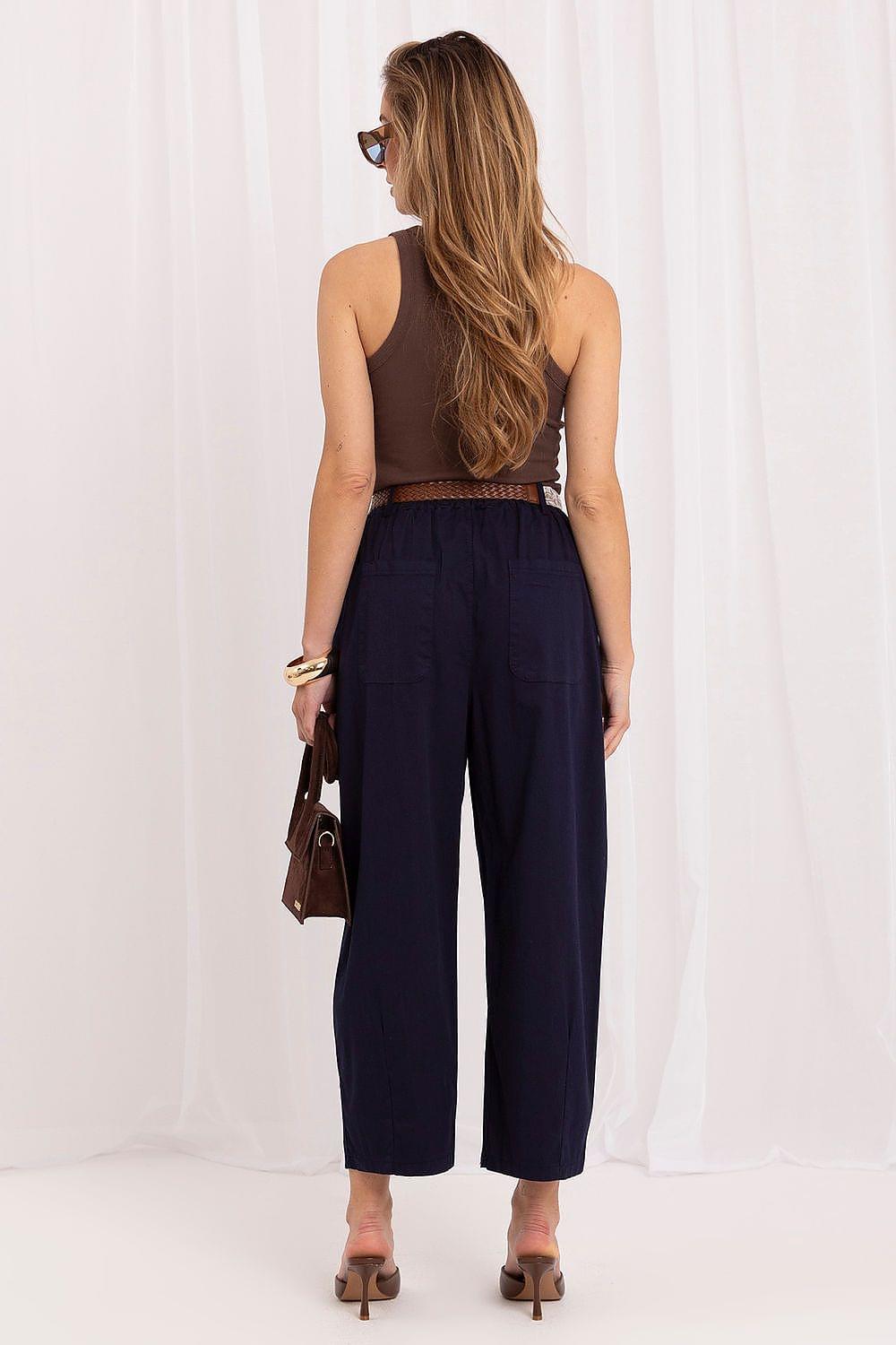 Back view of navy blue wide-leg trousers with tied waist belt and belt loops