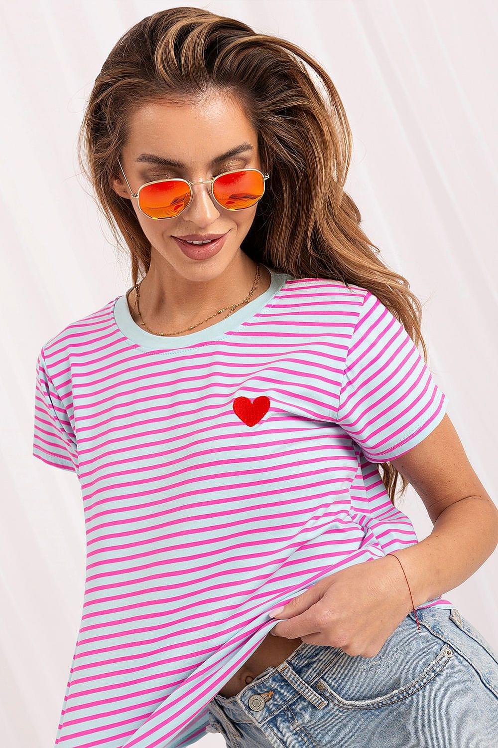 Pink and white striped T-shirt with red heart emblem at left chest