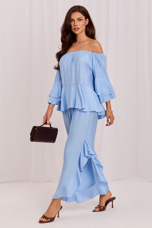 Light blue off-shoulder ruffle top and layered midi skirt set with bow ties
