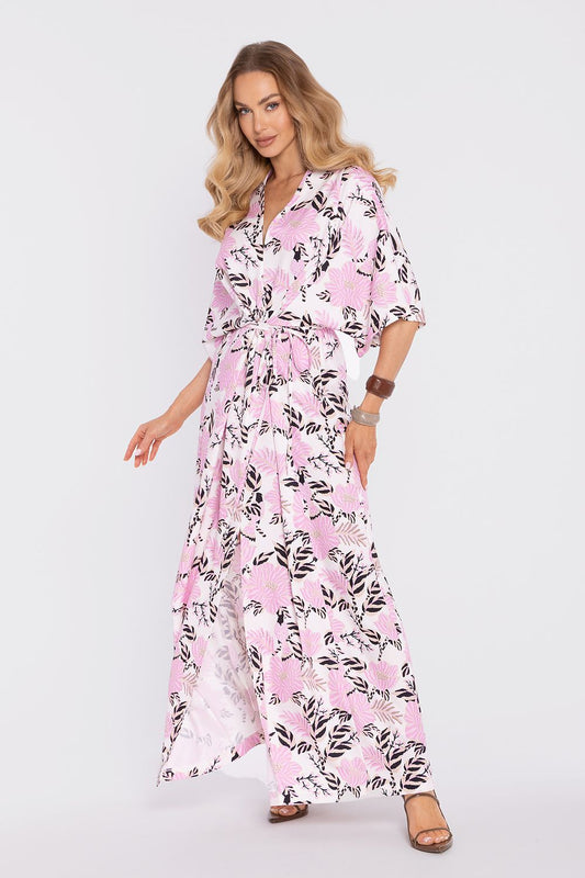 Pink and white leaf print maxi daydress with V-neck and tie waist, short sleeves