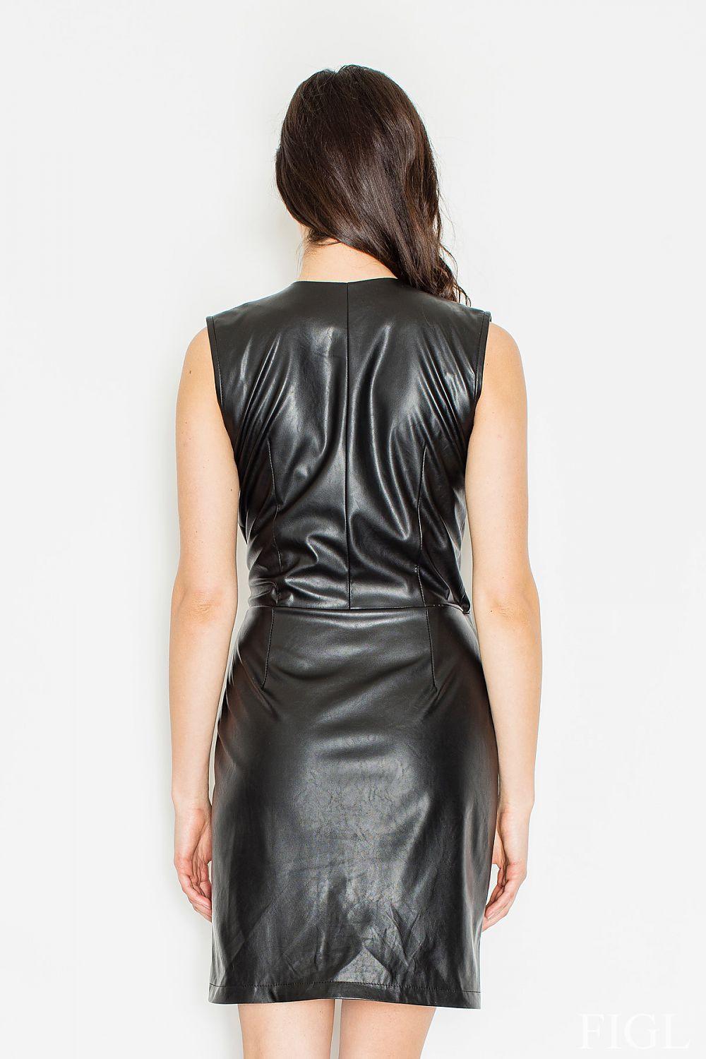 Black sleeveless evening dress with V-back and waist belt, short hem