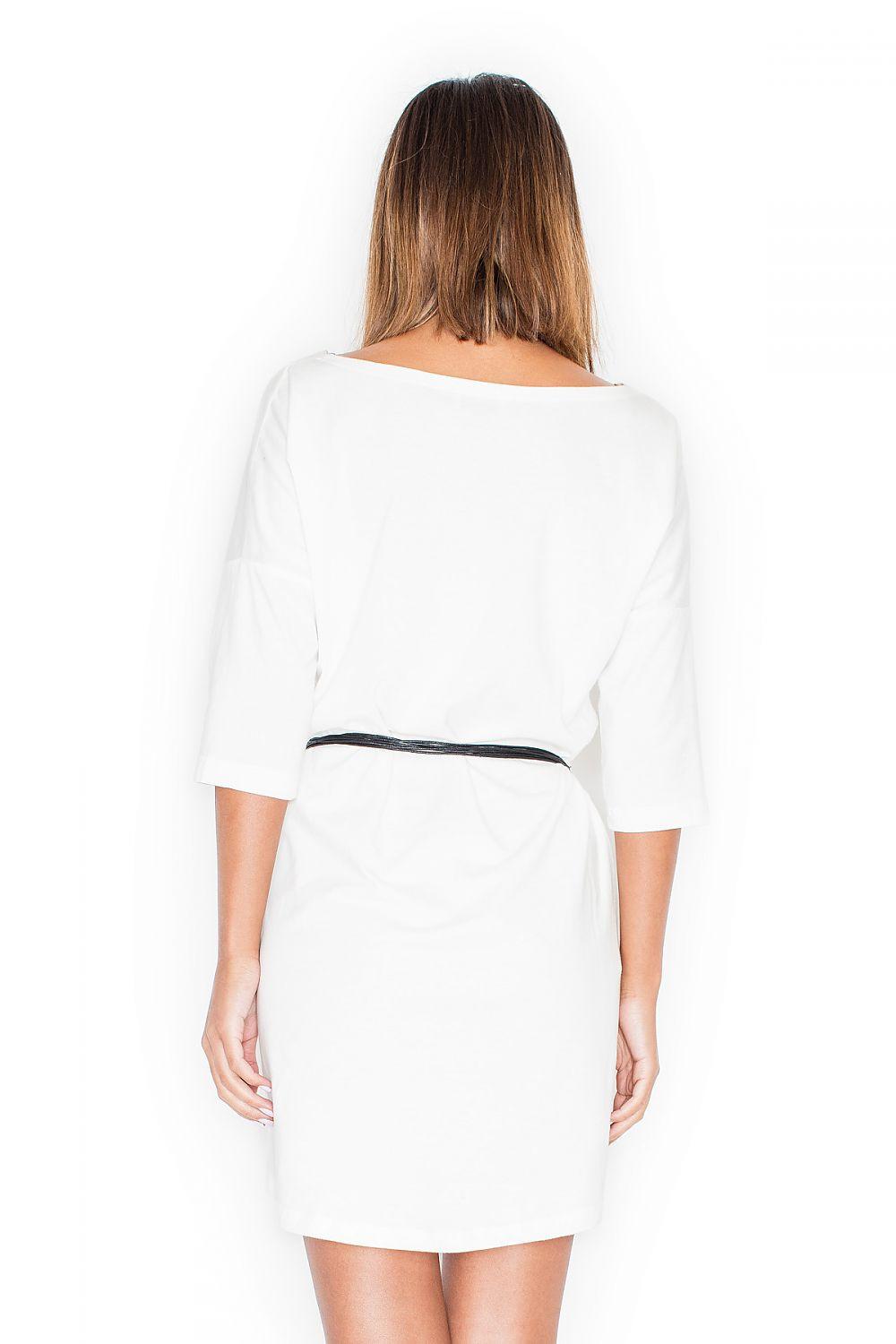 White short daydress with 3/4 sleeves and tie waist belt, back view