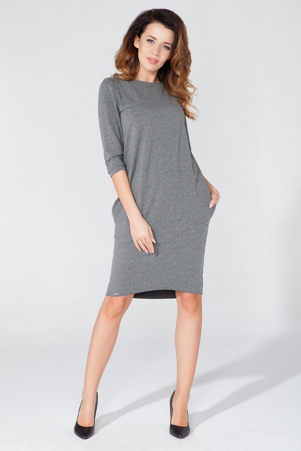 Grey knee-length daydress with 3/4 sleeves and round neck, full-body view