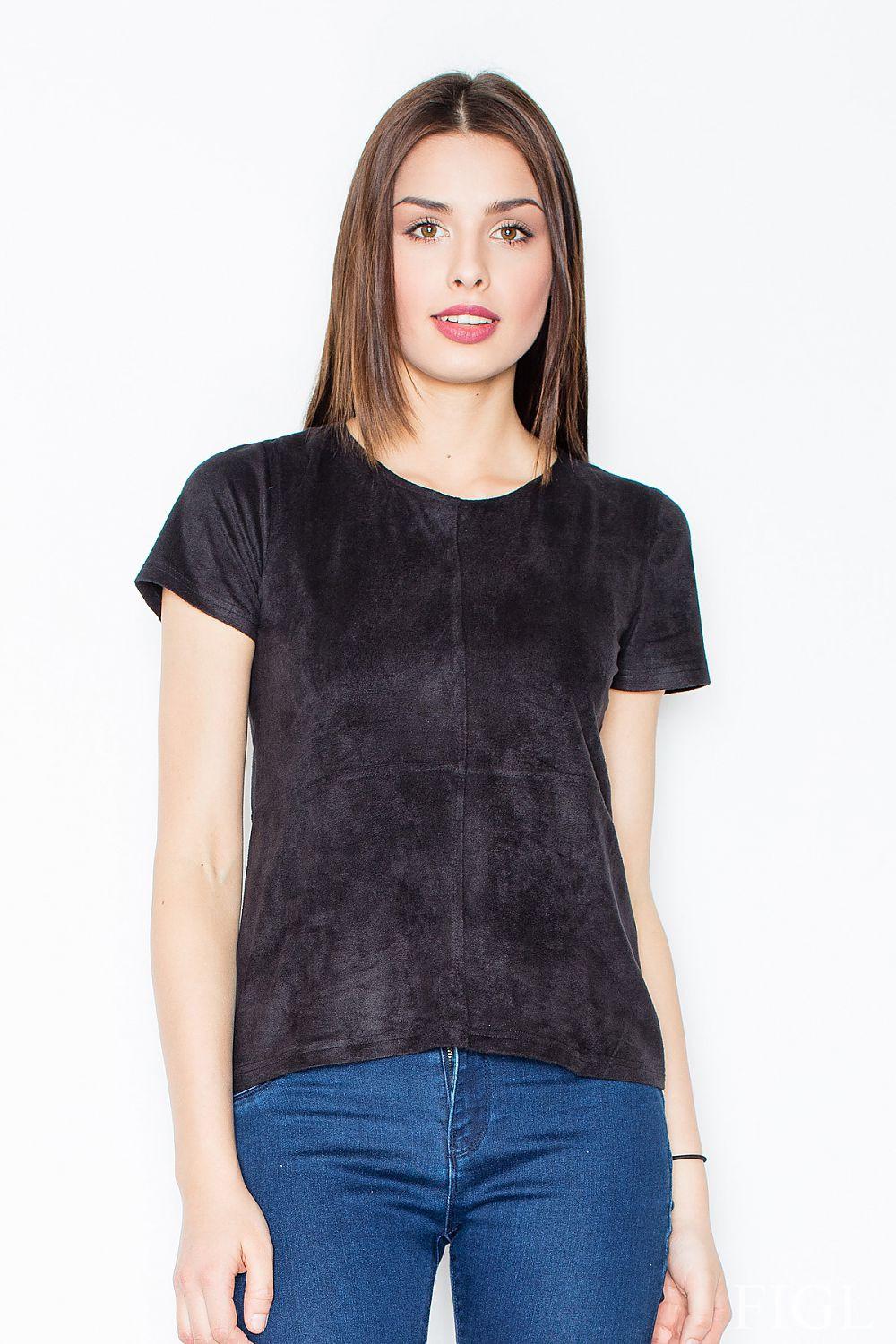 Black short-sleeve stretch blouse with crew neck, fitted front