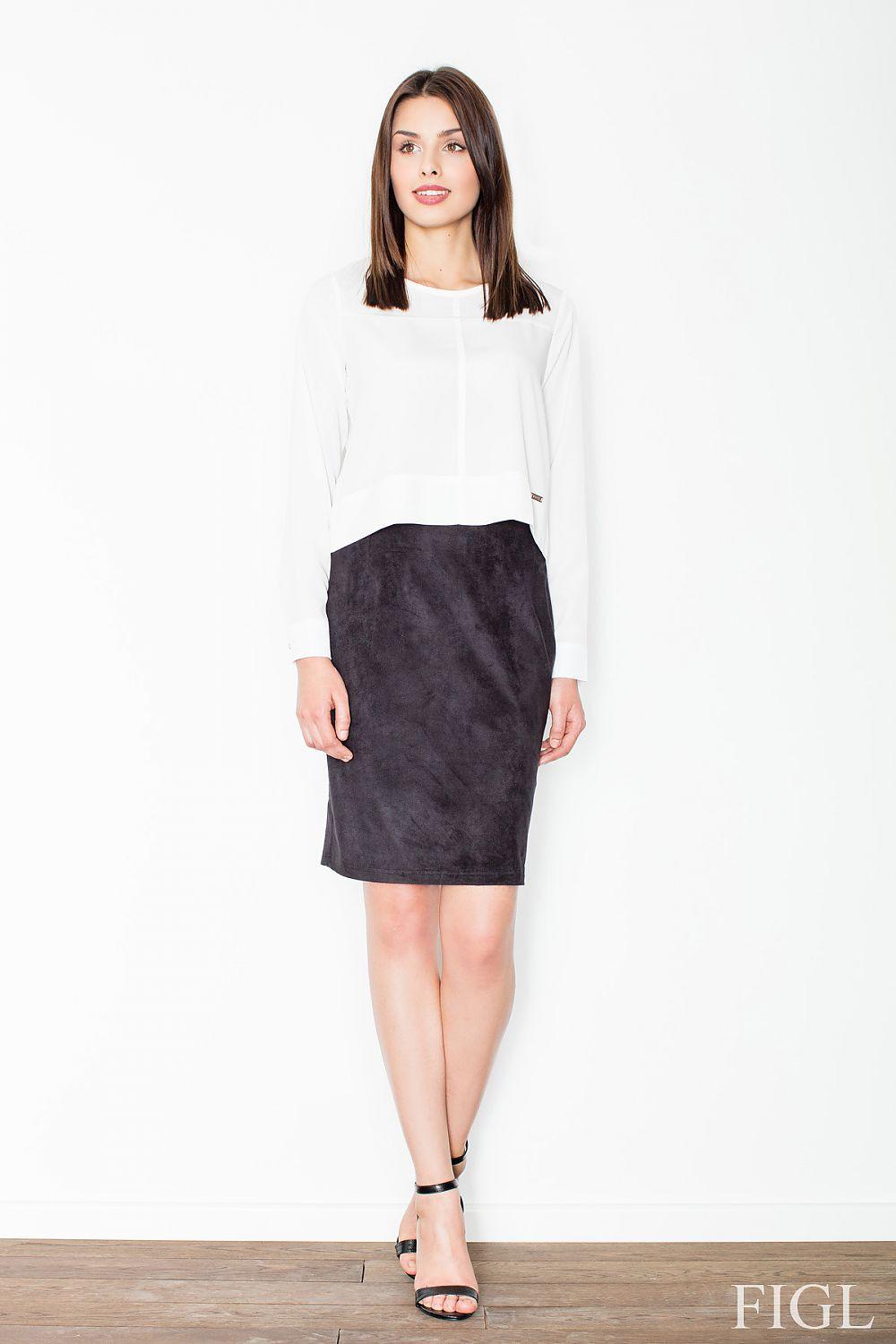 Black straight skirt, knee length, clean front, straight hem