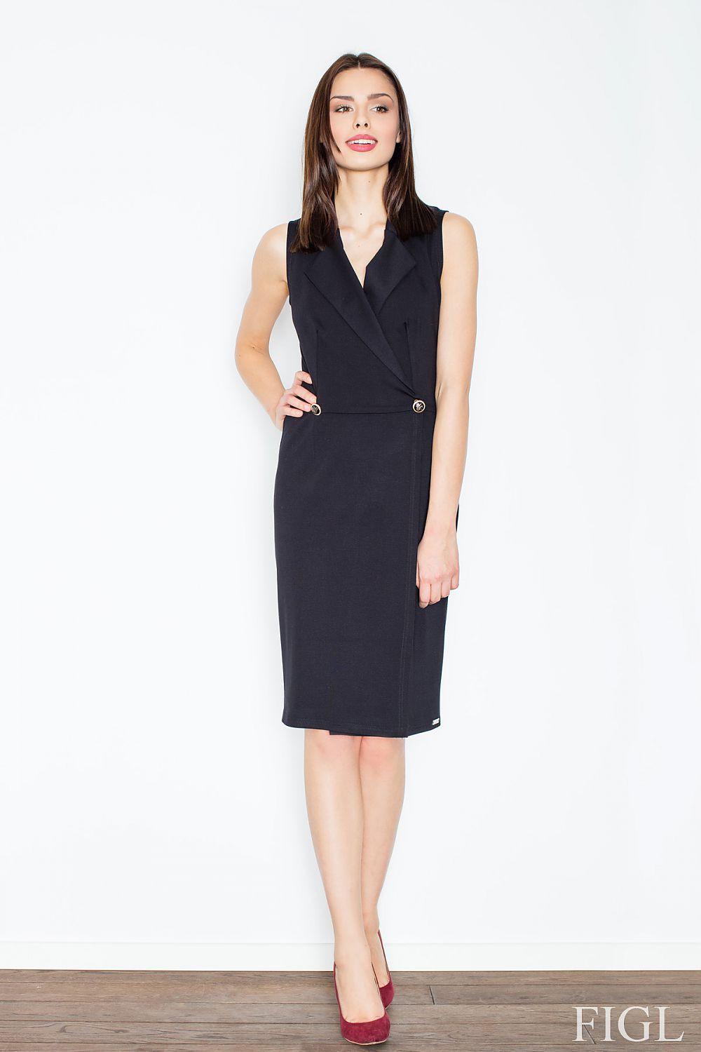 Sleeveless black wrap day dress with V-neck and single waist button detail