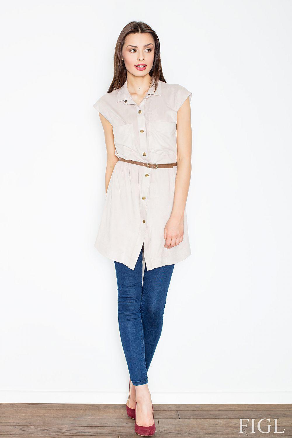 Beige short-sleeve button-front daydress with collar and attached belt