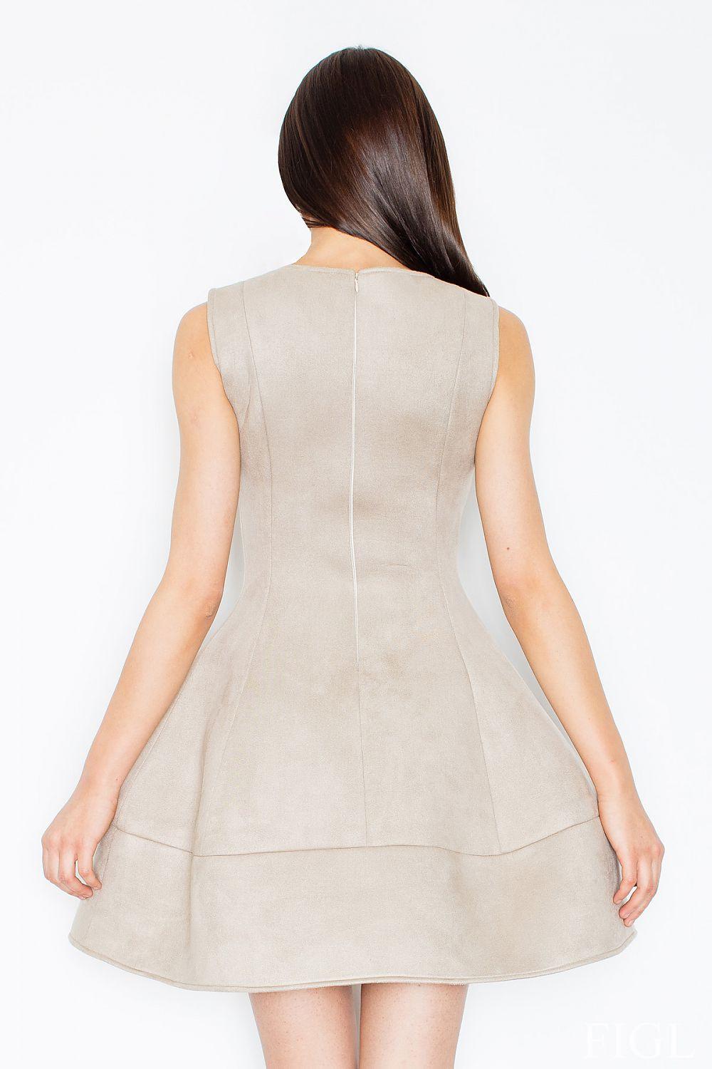 Sleeveless day dress back in beige with center seam and flared skirt