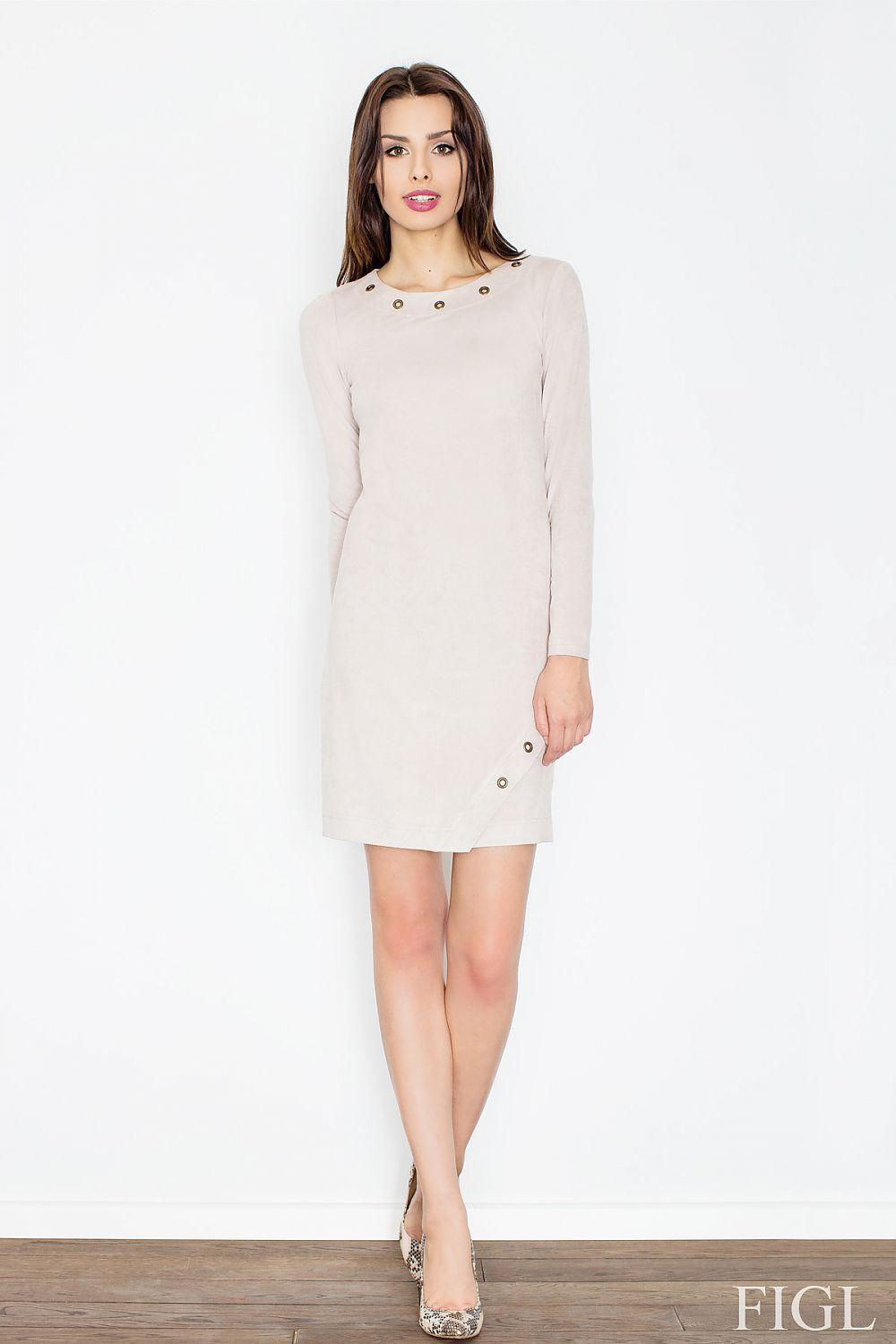 Figl beige daydress with long sleeves, round neckline, small button trim