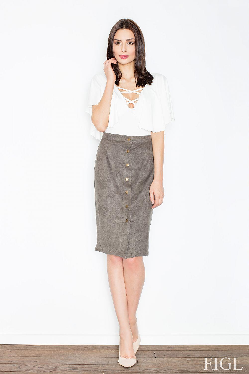 Dark green suede pencil skirt with front buttons, tailored high waist