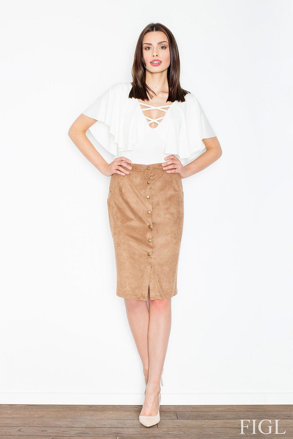 Figl pencil skirt with front button placket, knee length, tan brown