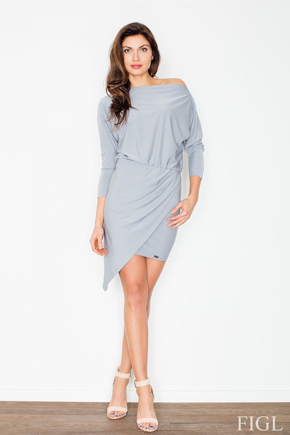 Grey asymmetrical off-shoulder mini dress with long sleeves and side tie