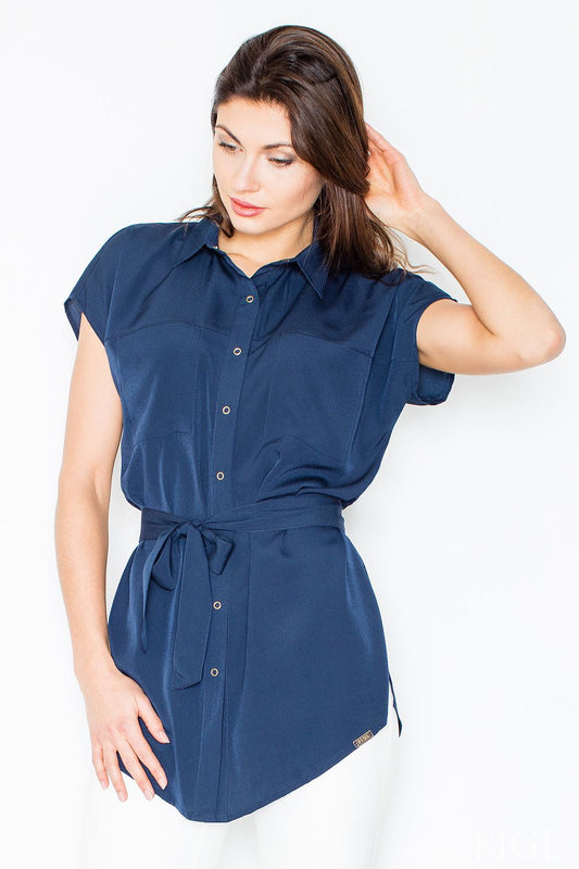 Navy short-sleeve shirt with sash waist and front pockets, button-front closure