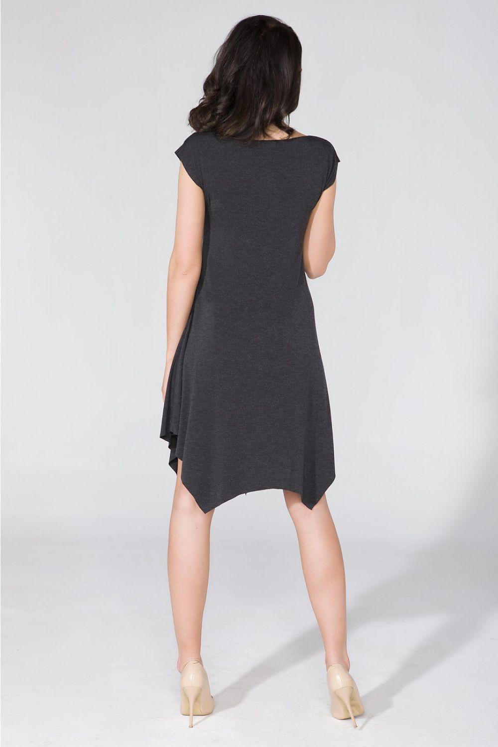 Back view of sleeveless dark daydress with asymmetrical hem and layered skirt
