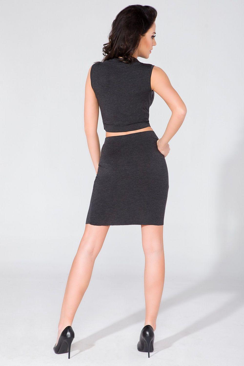 Women’s sleeveless dark grey crop top and mini skirt set, back view