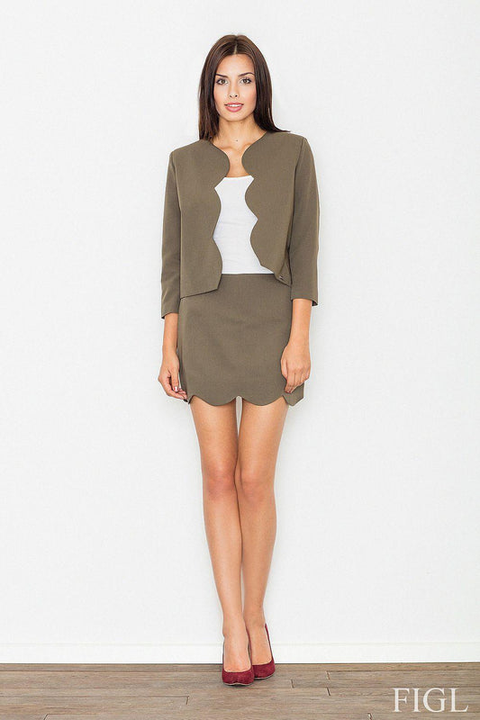 Olive 2-piece jacket and mini skirt set with scalloped front detail