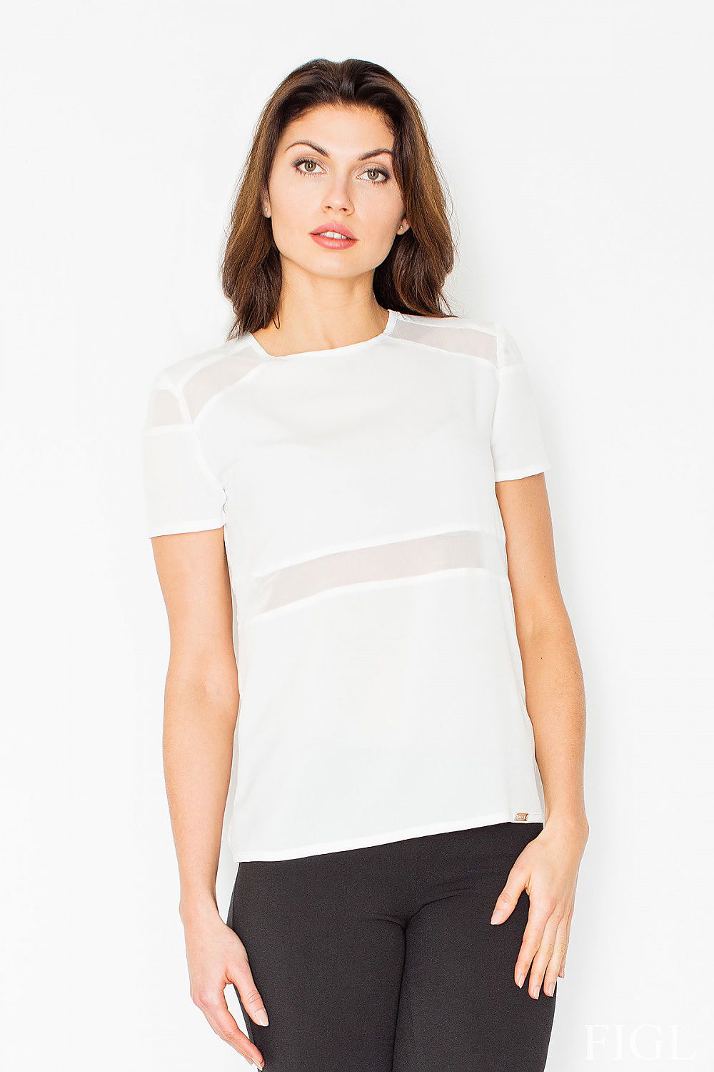 Women’s blouse with short sleeves and sheer mesh insert, light color