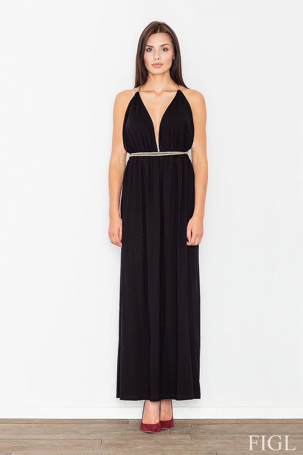 Black sleeveless maxi dress with V-neck bodice and elastic waist