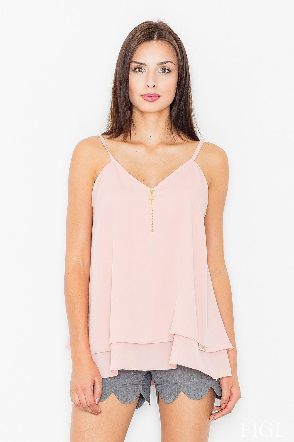 Pink double-layer blouse with thin straps, V neckline, and gold zip detail