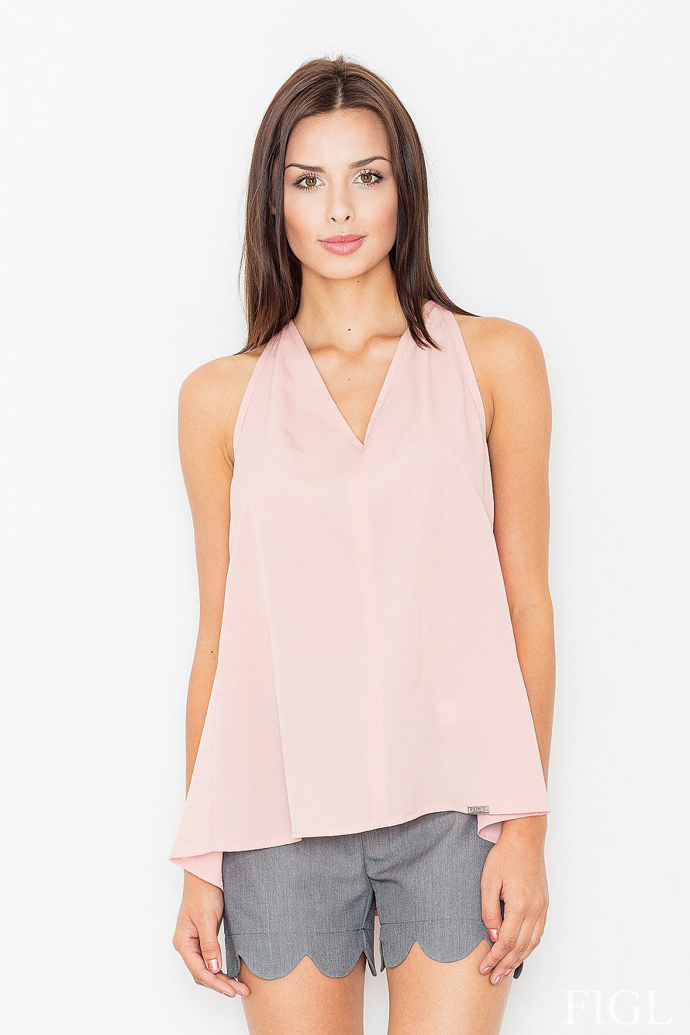 Pink sleeveless blouse with thin straps and V-neck