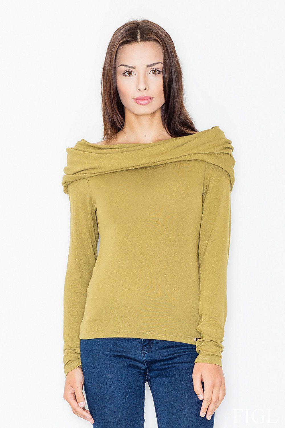 Green long-sleeve turtleneck blouse with folded neckline