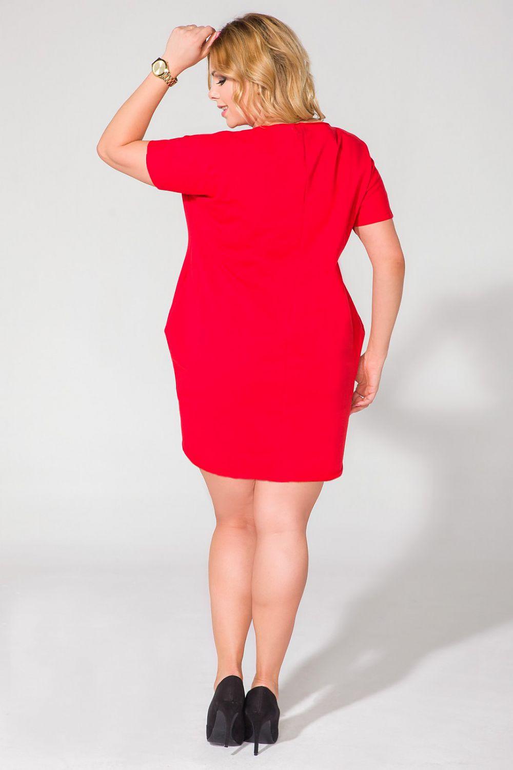 Red daydress with short sleeves and straight shift shape, above-knee hem