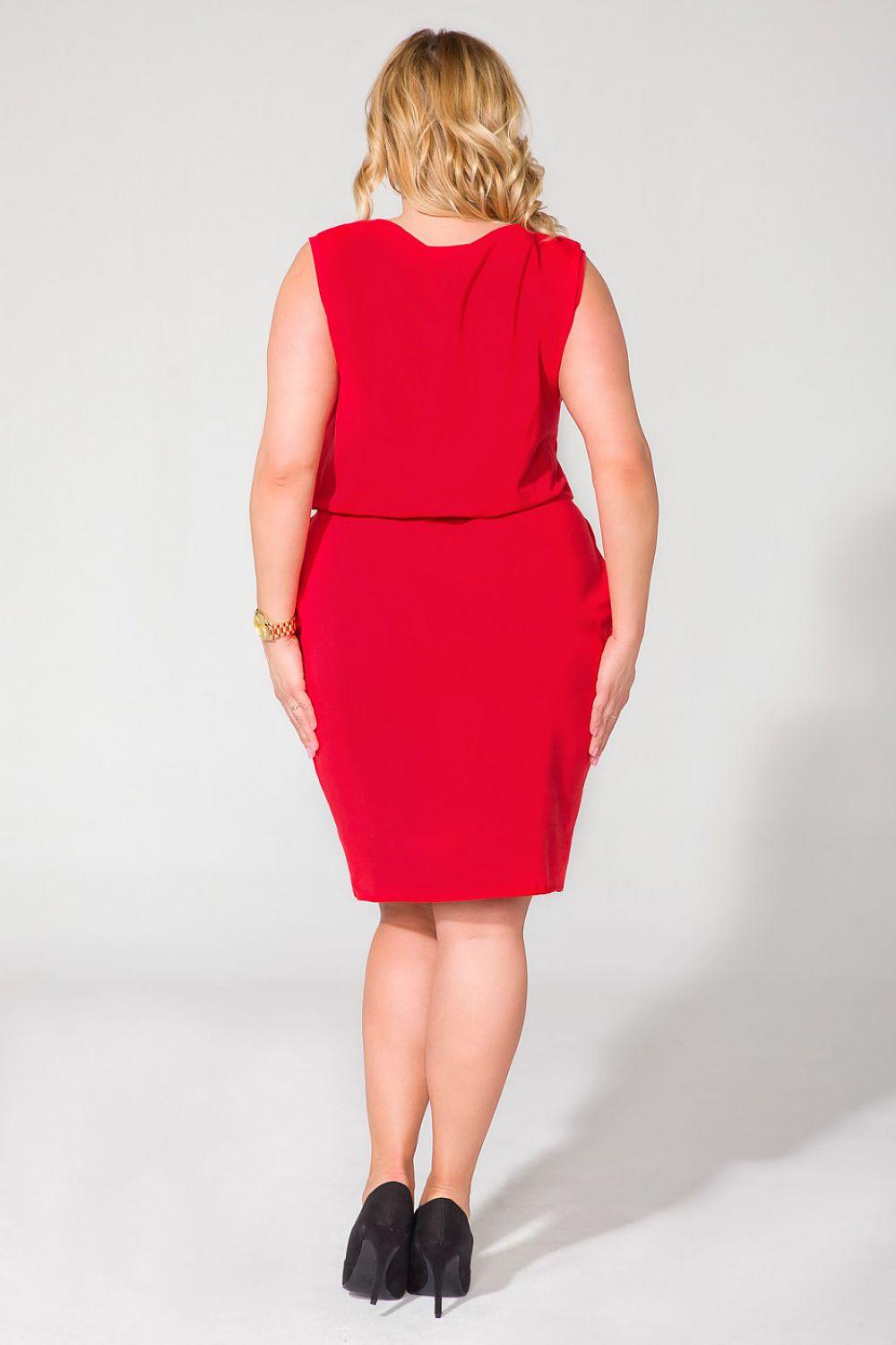 Tessita red sleeveless daydress, back view, with waist seam and fitted midi length