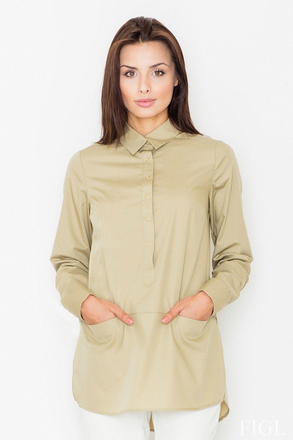 Figl long sleeve blouse in light olive, button-front with collar and single chest pocket
