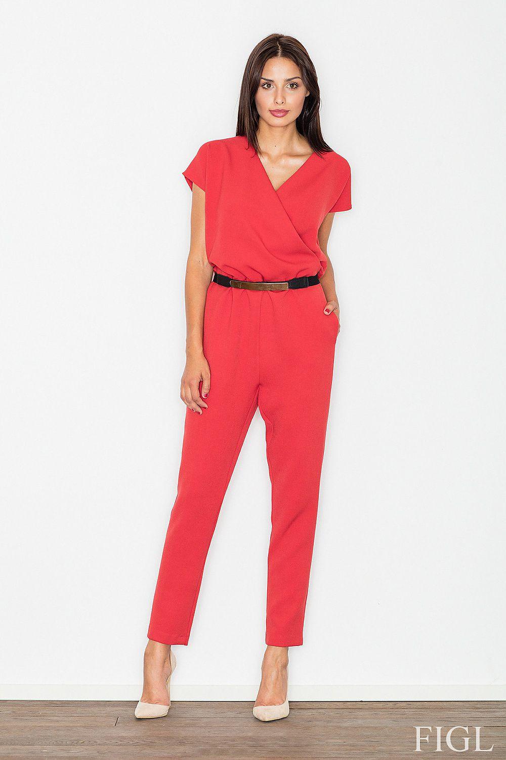 Red jumpsuit with wrap-style V neckline, short sleeves, and waist belt