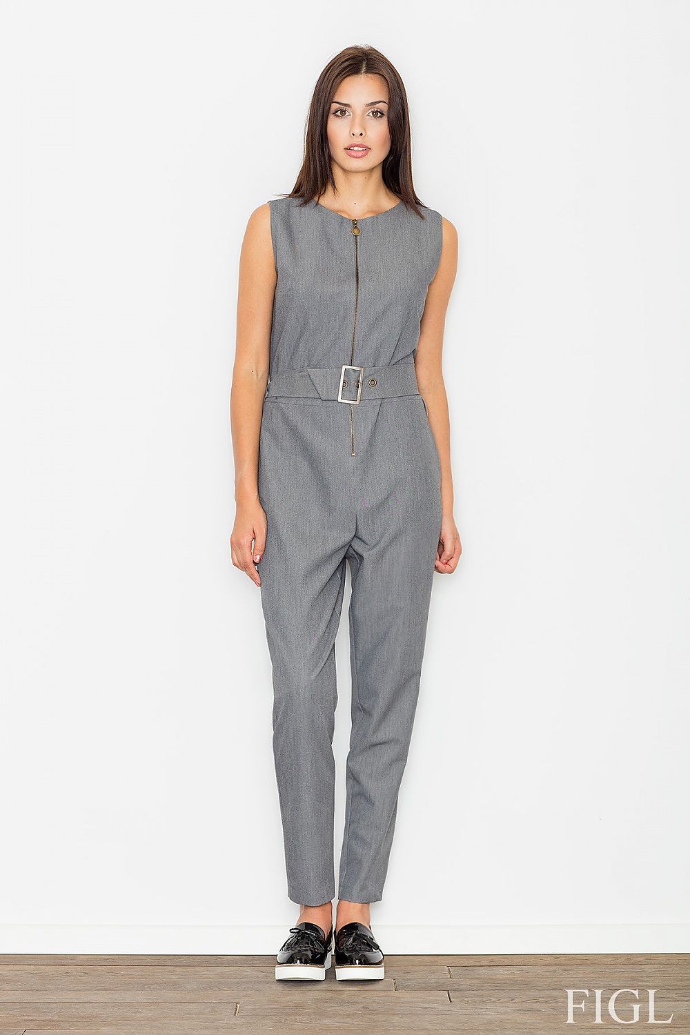 Grey sleeveless belted jumpsuit with square neckline and front seams